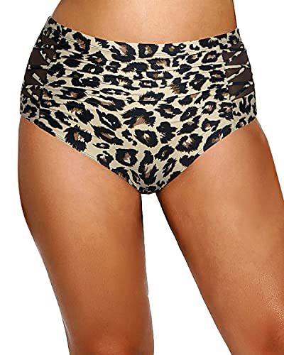 Mesh Inset Plus Size High Waisted Ruched Swimsuit Bottom-Leopard