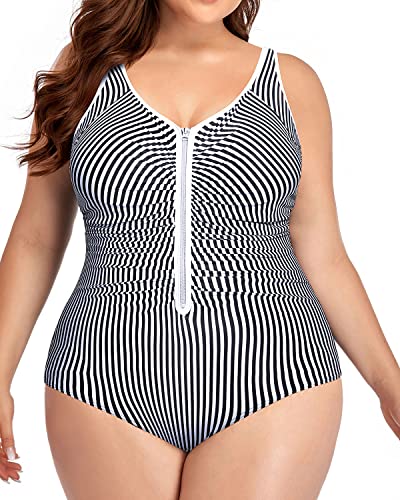 Push-Up Ruched Tummy Control Zip Front Swimsuits-Black And White Stripe