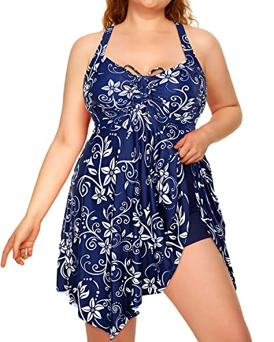 Ruffled Irregular Hem Plus Size Two Piece Swimdress-Blue Flower