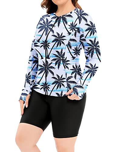 Two Piece Plus Size Tankini Long Sleeve Rash Guard Top-Black Palm Tree