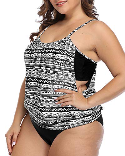 Mom Belly Coverage Plus Size Tankini Swimsuits-Black White Stripe