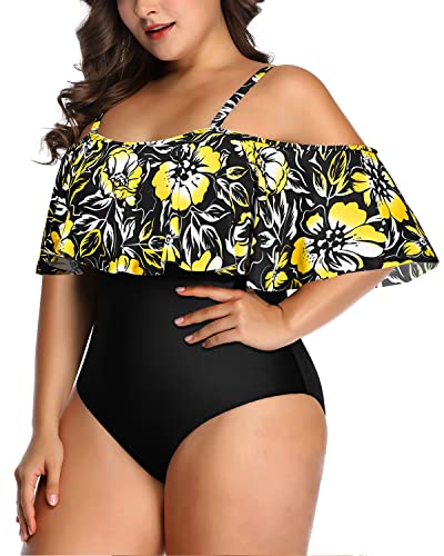 Removable Padded Bra Flounce Top One Piece Swimsuit-Black And Yellow Floral