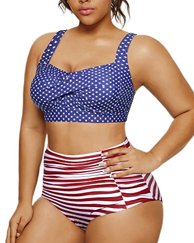 Vintage Twist Front Plus Size Swimsuits High Waisted Bikini Set Twisted Front Bikini-Flag