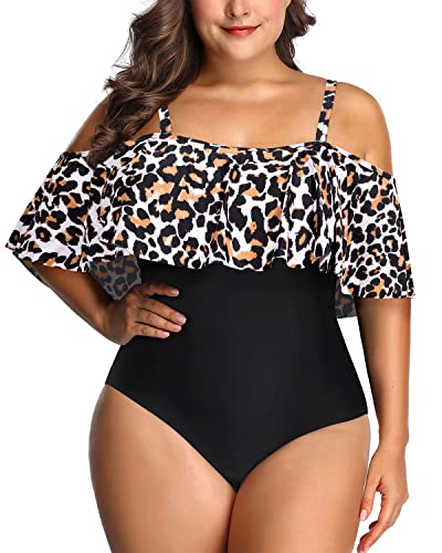 Adjustable Strap Ruffle Tummy Control Bathing Suit-Black And Leopard