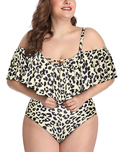 Versatile Lace-Up Cold Shoulder Plus Size Swimsuits-Leopard