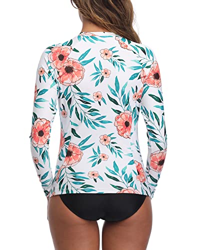 Women's Upf 50+ Long Sleeve Two Piece Rash Guard Set-White Floral