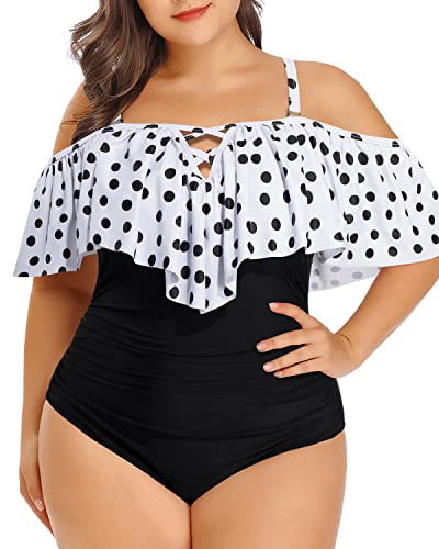 Ruched Tummy Control Women Plus Size One Piece Swimsuits-White Black Polka Dots