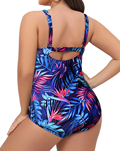 Vintage Plus Size Tummy Control Swimwear For Women-Blue Leaves