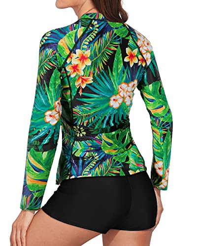 Upf 50+ Women's 2 Piece Rash Guard Set-Tropical Leaf