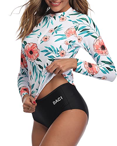 Women's Upf 50+ Long Sleeve Two Piece Rash Guard Set-White Floral