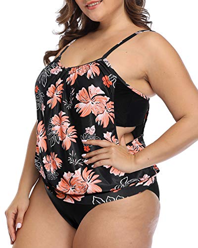 Women's Plus Size Layered Maternity Tankini Swimsuits-Black And Orange Floral