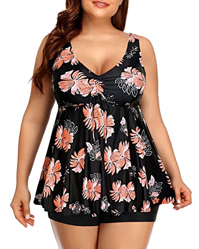 V Neck Tankini Top Full Coverage Boyshorts For Plus Size Women-Black Orange Floral