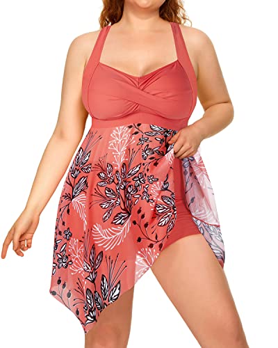 Plus Size Two Piece Mesh Swim Dress Boyshorts For Women-Pink Flower