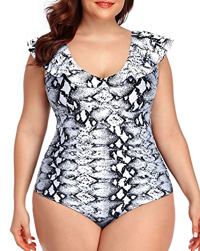 Chic U-Back Falbala One Piece Swimwear For Women-Black And White Snake Print