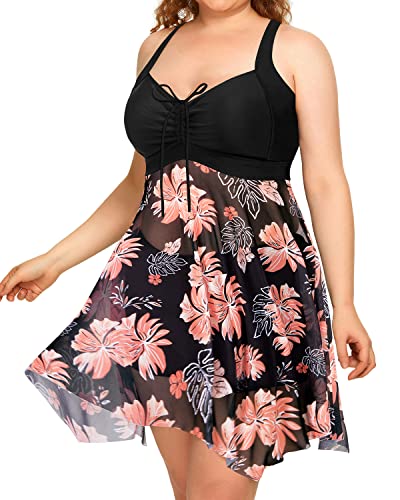 Criss-Cross Back Mesh Two Piece Swim Dress For Women-Black Floral