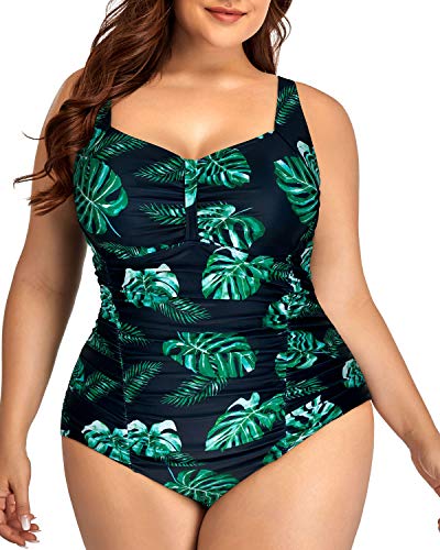 Comfortable Wide Strap One Piece Swimsuits For Curvy Women-Black And Green Leaf