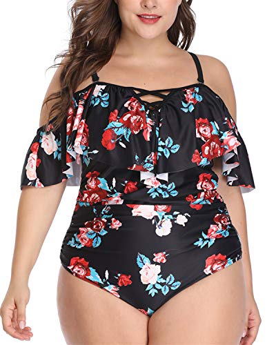 High Neck Ruched Plus Size One Piece Swimsuits-Black Floral