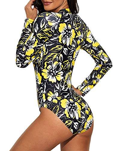 Women's Surfing Rash Guard Swimsuit Zipper And Upf 50 Protection-Black And Yellow Floral