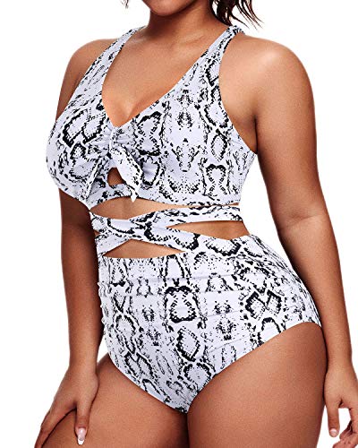 Flattering High Waisted Bikini Plus Size Tie Knot Bathing Suit-Snake Print