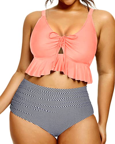 Vintage Style Two Piece Swimsuit Bikini Set For Curvy Women-Coral Pink Stripe