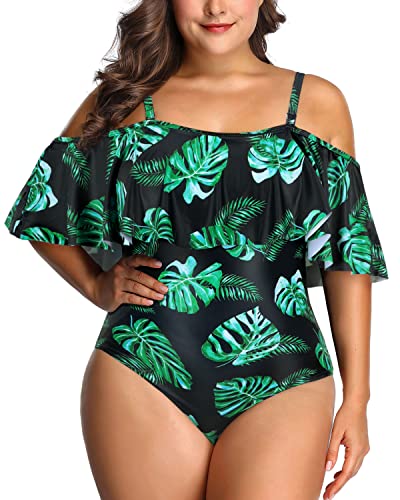 Cute Flounce Top Tummy Control Plus Size Swimwear-Black And Green Leaf