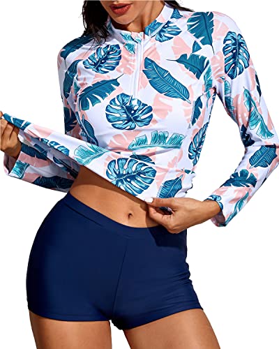 Two Piece Women's Long Sleeve Rash Guard Bathing Suit Zipper-Blue Pink Leaves