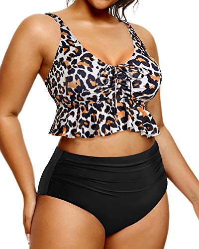 Stylish Two Piece Plus Size Swimsuit Flounce Top-Black And Leopard