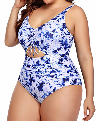 V-Neck Cutout One Piece Swimsuit For Women-Blue Tie Dye