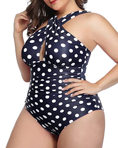 Ruched Tummy Control Front Cross One Piece Swimsuits-Blue Dots