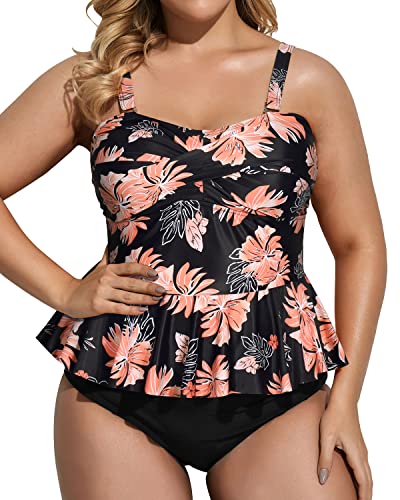 Peplum Twist Front Two Piece Tankini Set-Black Orange Floral